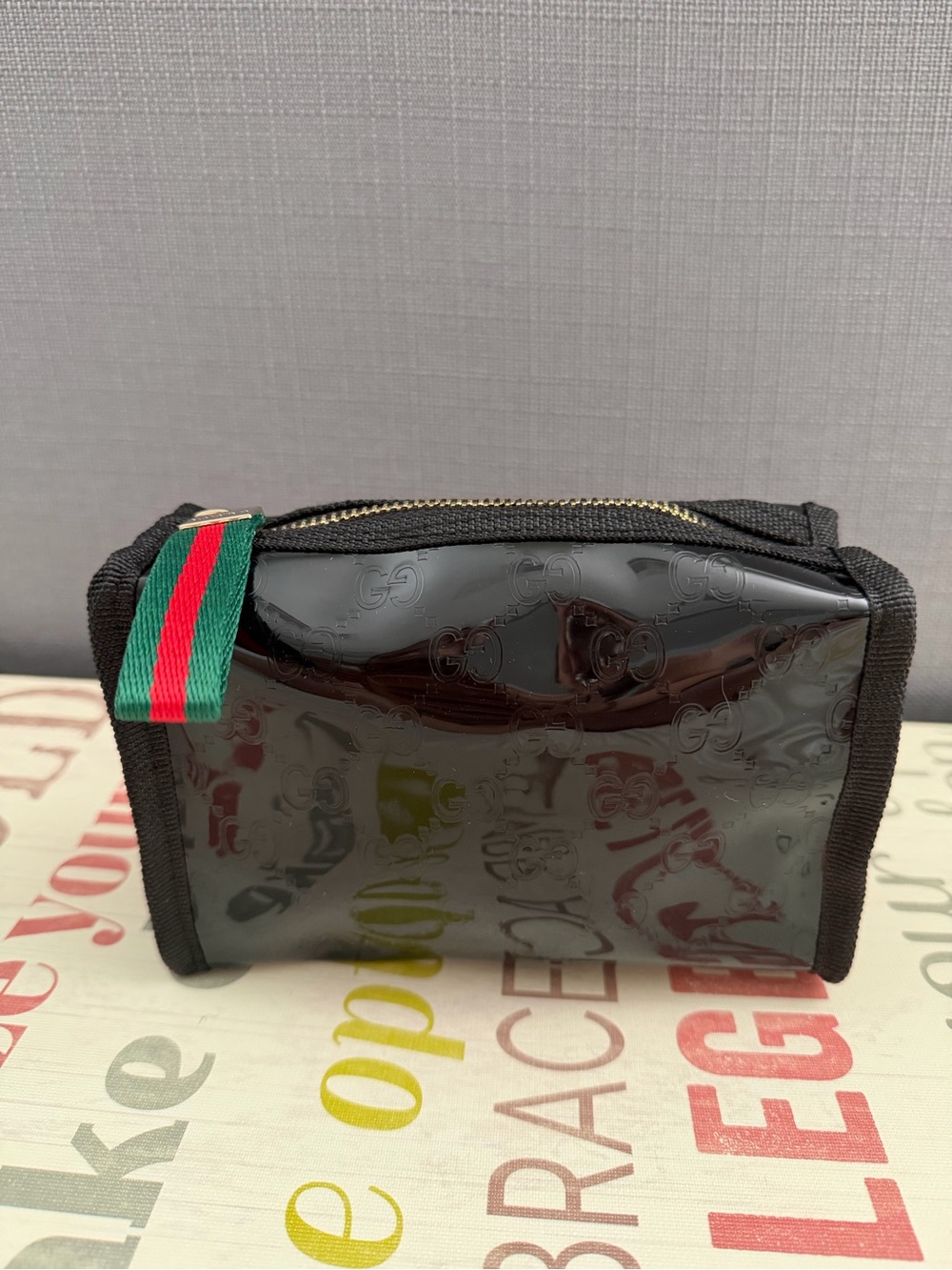 Limited Edition Gucci Black Patent Mini Toiletry Pouch with GG Logo Pattern GWP
